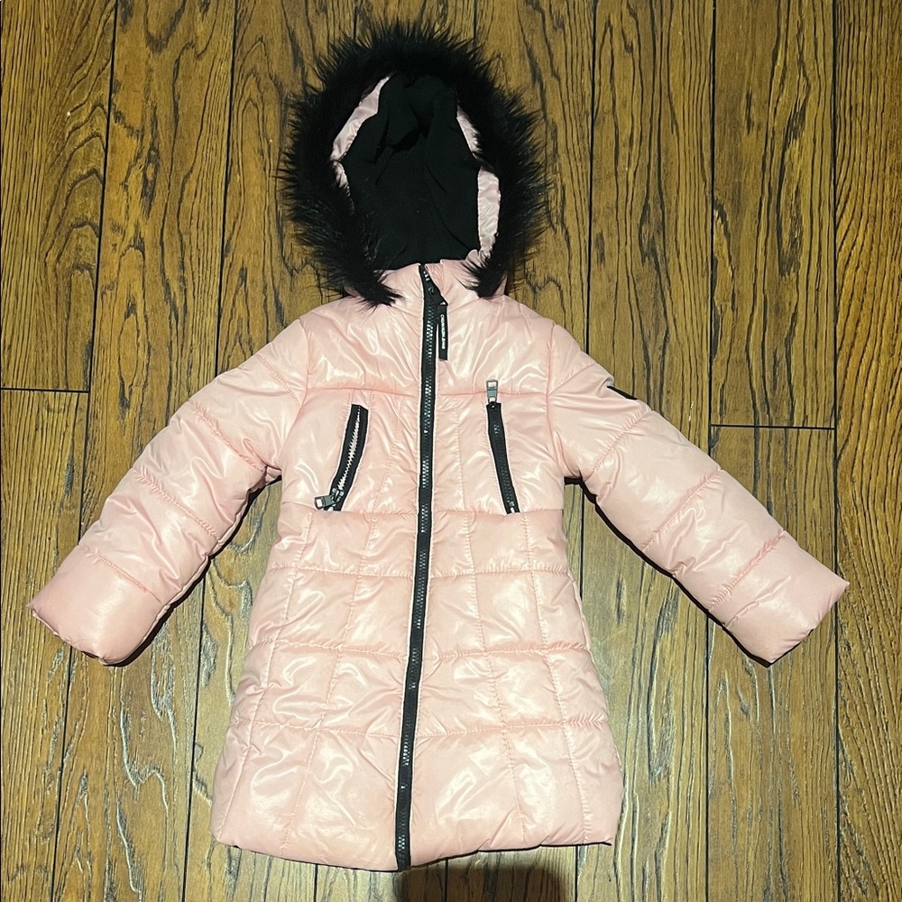 Calvin Klein Pink Hooded Puffer Jacket with Black Trim for Girls Size 4